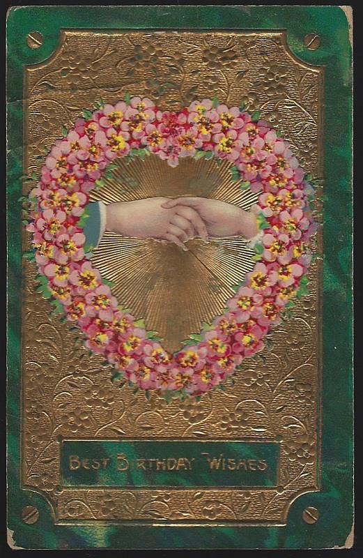 Postcard - Best Birthday Greetings Postcard with Clasped Hands and Flower Heart