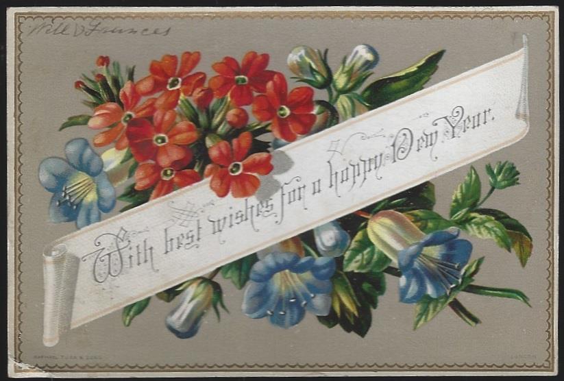 Christmas - Victorian Raphael Tuck New Year Card with Bouquet of Flowers