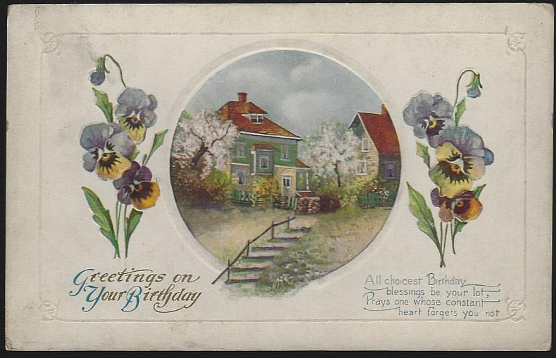 Postcard - Greetings on Your Birthday Postcard with Pansies and Country Houses