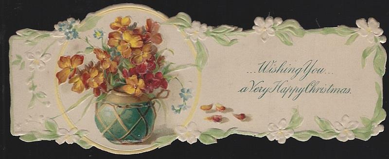 Christmas - Vintage Happy Christmas Die Cut Card with Vase of Flowers