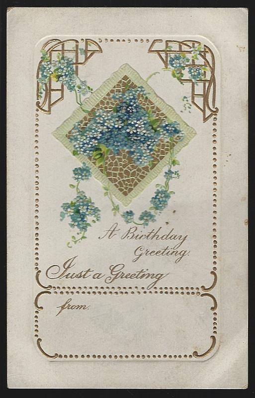 Postcard - Birthday Greeting Postcard with Blue Flowers and Gold