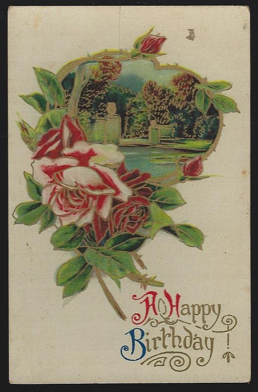 Postcard - Happy Birthday Postcard with Red Roses, Landscape and Gold