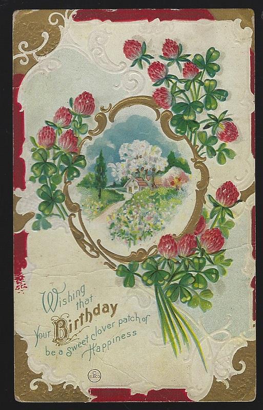 Postcard - Birthday Greetings Postcard with Clover and Landscape