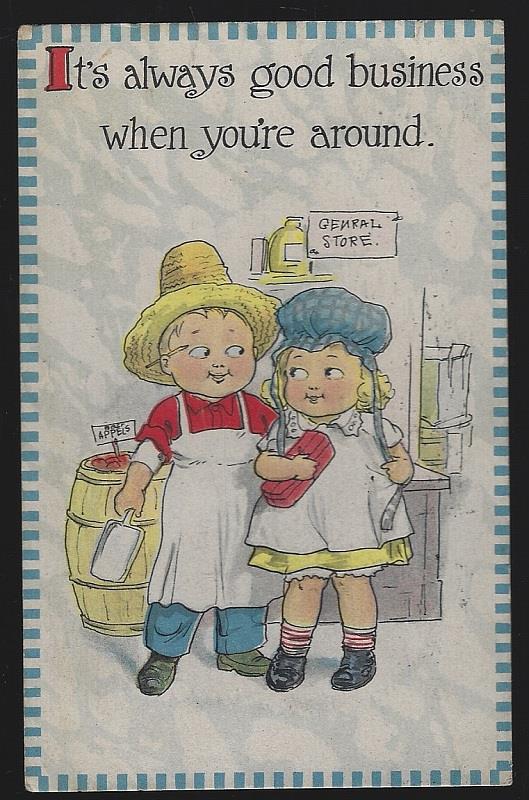 Postcard - Children in General Store, It's Always Good Business When You're Around