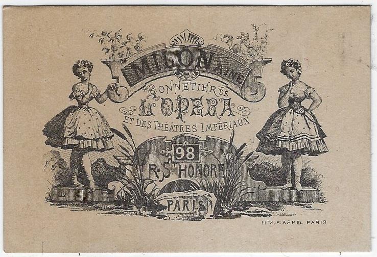Advertisement - Victorian Trade Card for Milon Aine Opera, Paris, France with Dancers