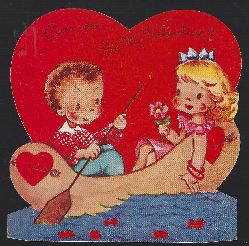 Valentine - Vintage Heart Shaped Valentine Card with Boy and Girl in Canoe