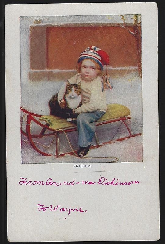 Postcard - Boy on Snow Sled Holding Cat, Friends