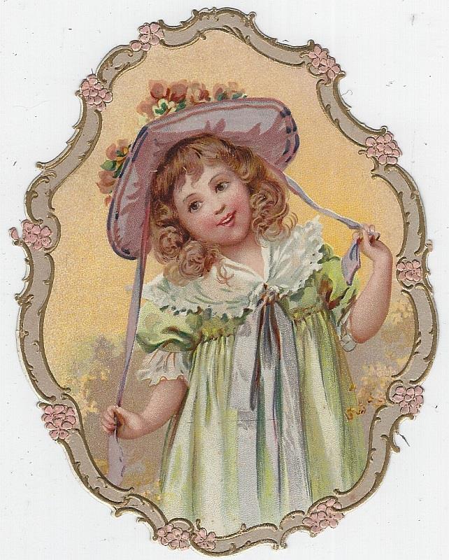 VICTORIAN DIE CUT CARD OF LOVELY GIRL WITH FLOWER HAT