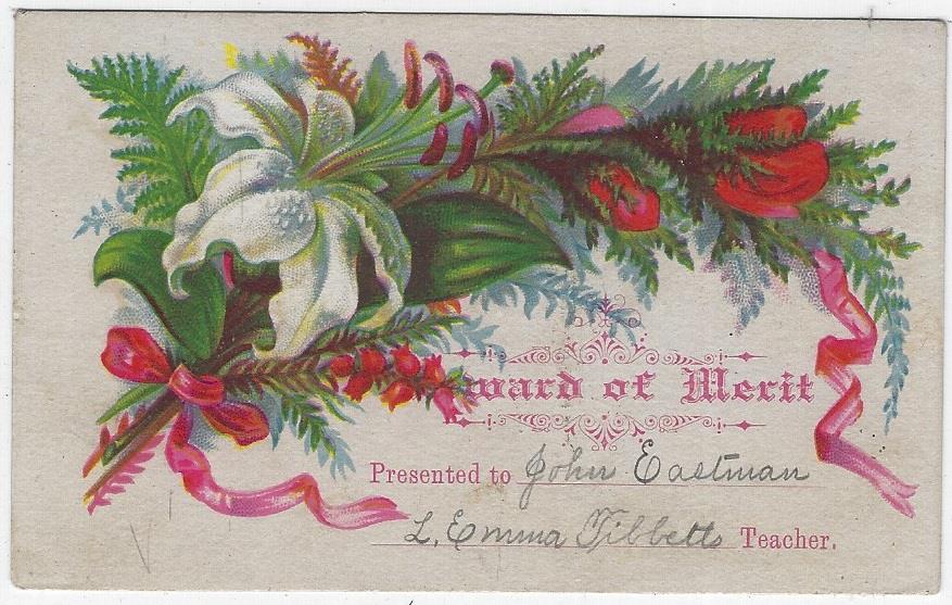 VICTORIAN REWARD OF MERIT WITH BOUQUET OF ROSES AND LILY