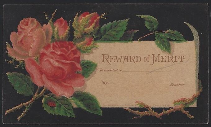 VICTORIAN REWARD OF MERIT WITH RED ROSES ON BLACK BACKGROUND