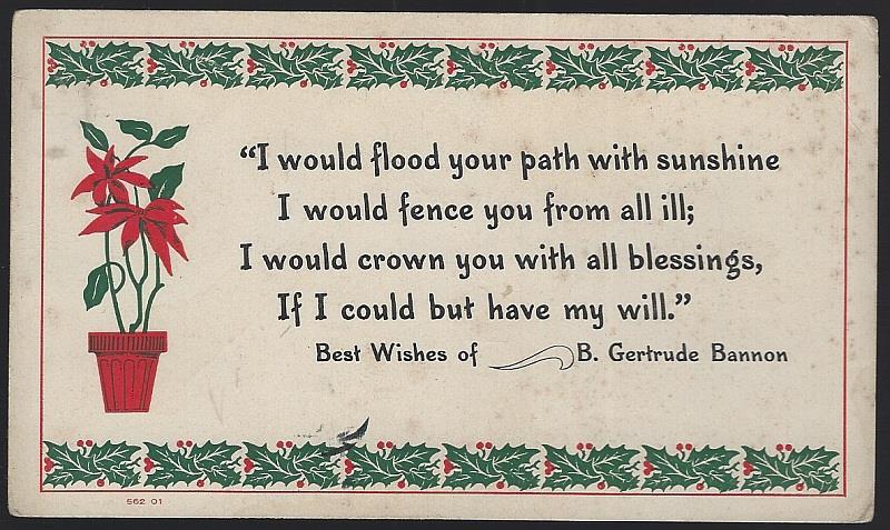 CHRISTMAS CARD WITH B. GERTRUDE BANNON POEM AND POINSETTIA