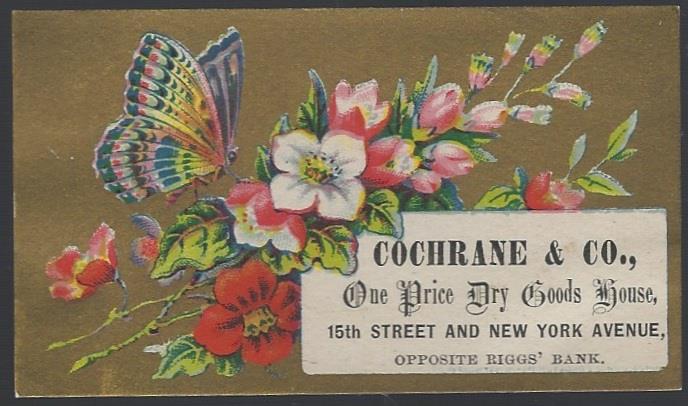 VICTORIAN TRADE CARD FOR COCHRANE & CO. DRY GOODS HOUSE WITH BUTTERFLY AND FLOWERS