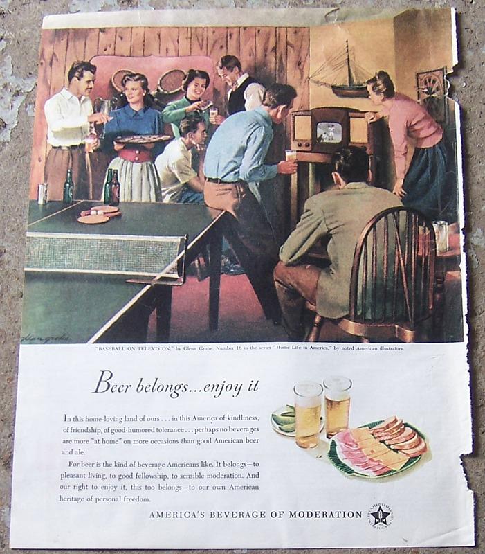 1948 BEER MAGAZINE AD BY GLENN GROBE, BASEBALL ON TELEVSION NO 16 IN SERIES