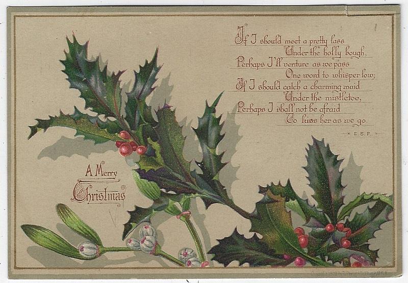 CHRISTMAS CARD WITH E S P POEM AND HOLLY AND MISTLETOE