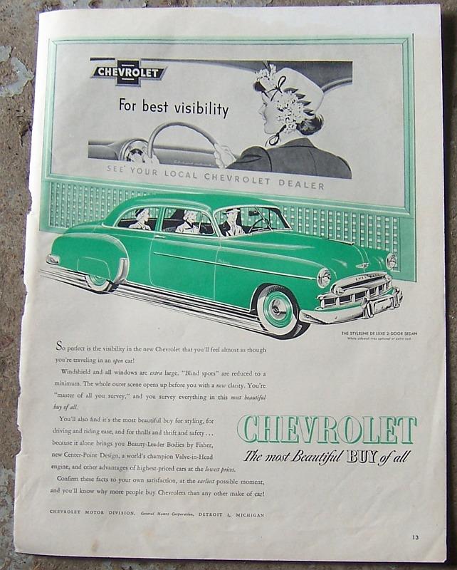 1949 CHEVROLET'S STYLELINE LIFE MAGAZINE ADVERTISEMENT