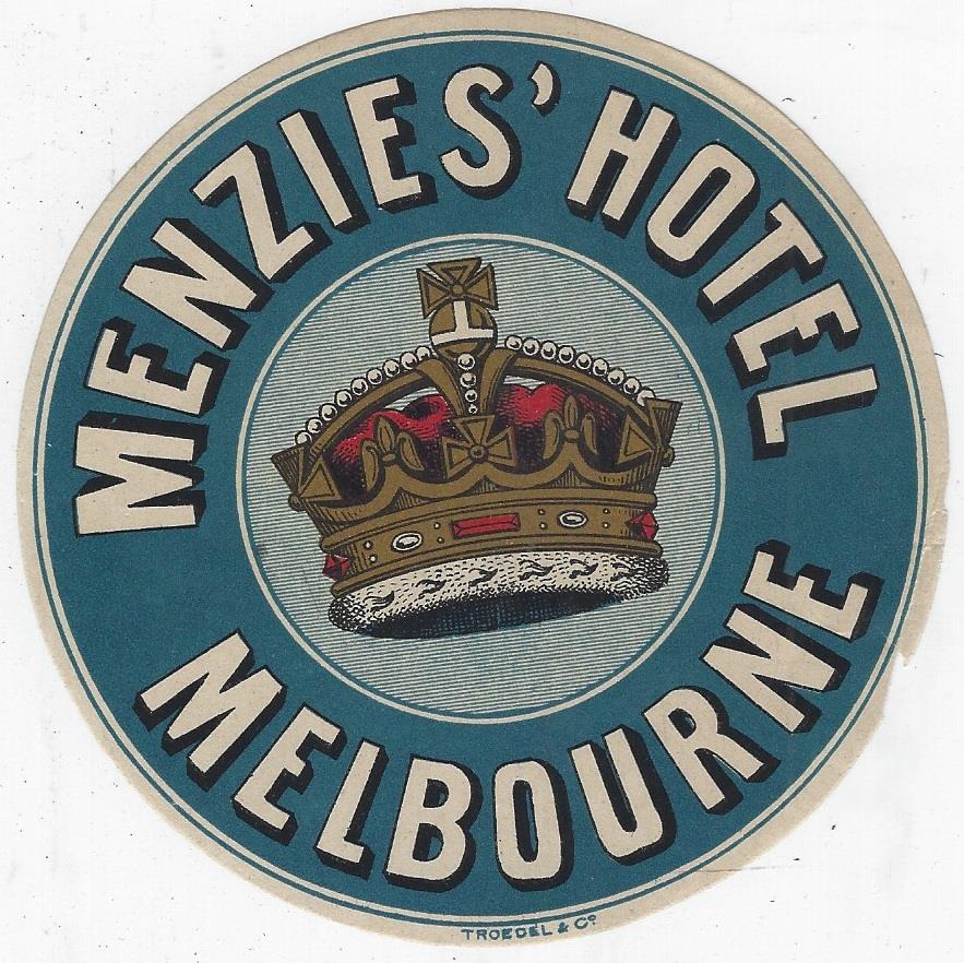 VINTAGE LUGGAGE LABEL FOR MENZIES' HOTEL, MELBOURNE, AUSTRALIA