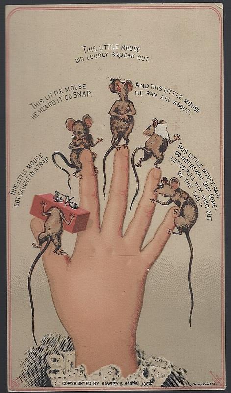 VICTORIAN TRADE CARD MICE ON EACH FINGER OF A HAND