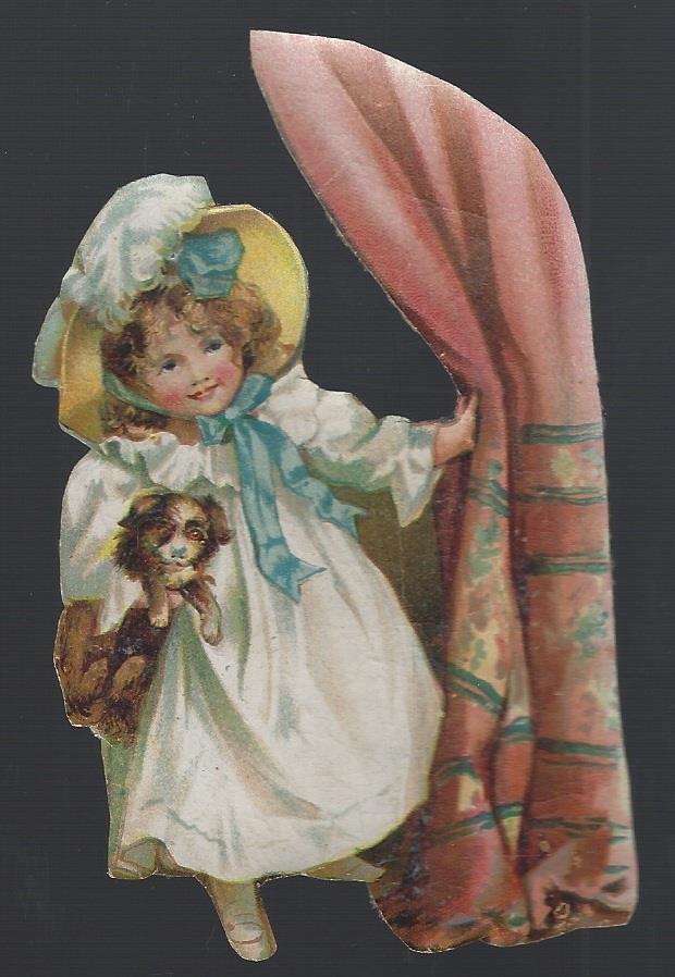 VICTORIAN DIE CUT CARD OF LOVELY GIRL WITH HER DOG AND CURTAIN