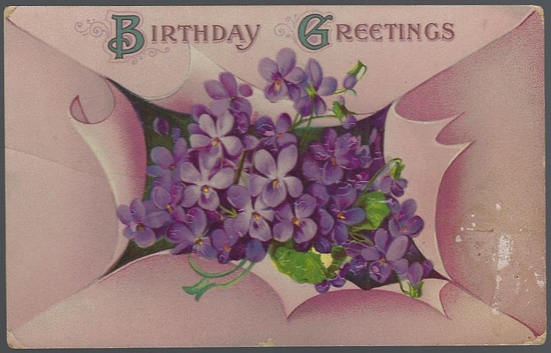 BIRTHDAY GREETING POSTCARD WITH VIOLETS