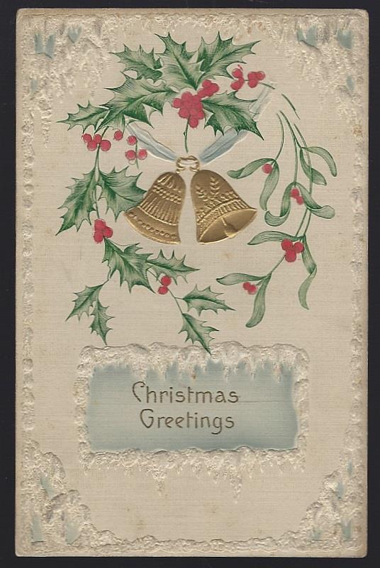 CHRISTMAS GREETINGS POSTCARD WITH GOLD BELLS AND HOLLY