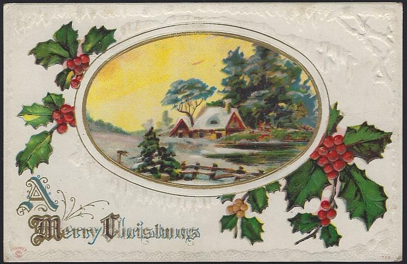 MERRY CHRISTMAS EMBOSSED POSTCARD WITH SNOWY LANDSCAPE AND HOLLY