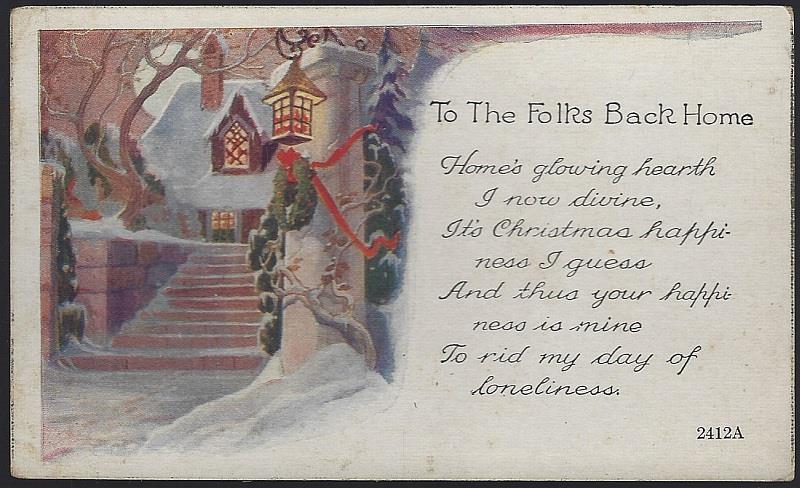 CHRISTMAS HAPPINESS POSTCARD WITH SNOWY DECORATED HOUSE