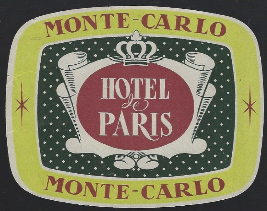 VINTAGE LUGGAGE LABEL FOR HOTEL DE PARIS, MONTE CARLO