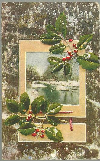 Postcard - Merry Christmas Postcard with Snow and Holly