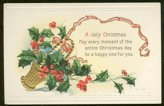 Postcard - Jolly Christmas Postcard Gold Basket of Spilling Holly