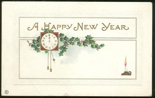 Postcard - Happy New Year Postcard with Clock, Holly and Candle