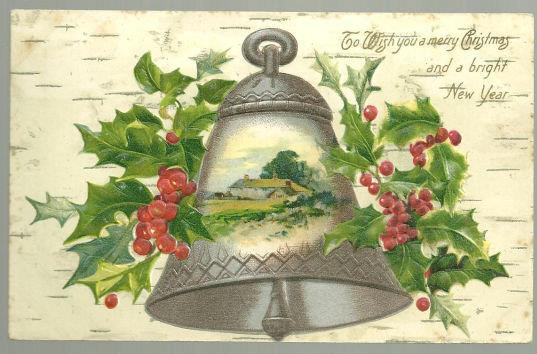 Postcard - Christmas Wishes Postcard with Silver Bell and Holly