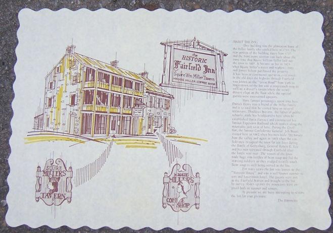 Advertisement - Unused Place Mat for Historic Fairfield Inn, Fairfield, Pennsylvania