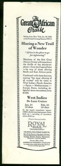 Image for 1925 NATIONAL GEOGRAPHIC ROYAL MAIL GREAT AFRICAN CRUISE MAGAZINE ADVERTISEMENT