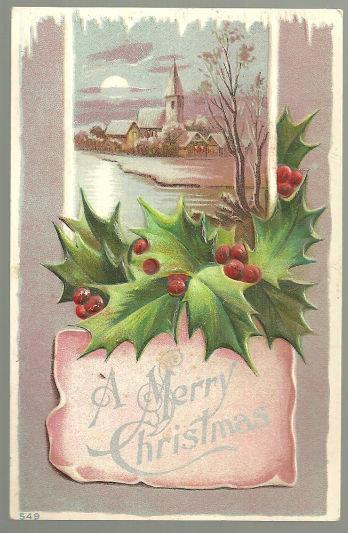 Postcard - Merry Christmas Postcard with Snowy Church and Holly