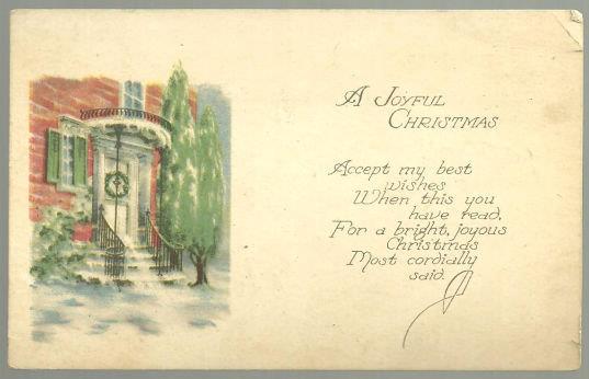 Postcard - Joyful Christmas Postcard with Snowy Doorway and Tree