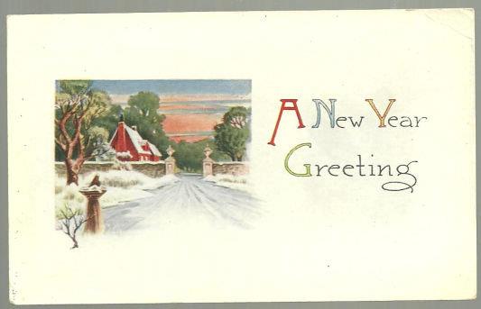 Postcard - New Year Greetings Postcard with Snowy Red House