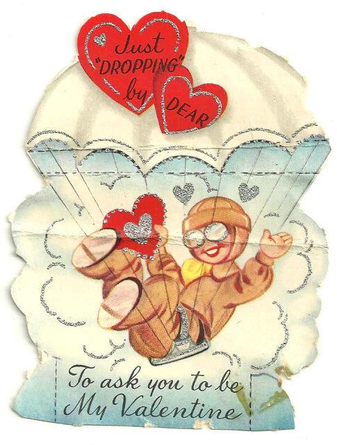 Valentine - Vintage Valentine of Parachuting Boy Trimmed in Silver Glitter