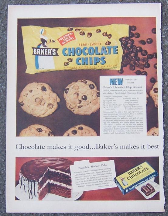 Image for 1955 BAKER'S CHOCOLATE CHIPS ADVERTISEMENT WITH RECIPES