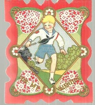 Valentine - Victorian Valentine with Boy Playing with Dog on Front