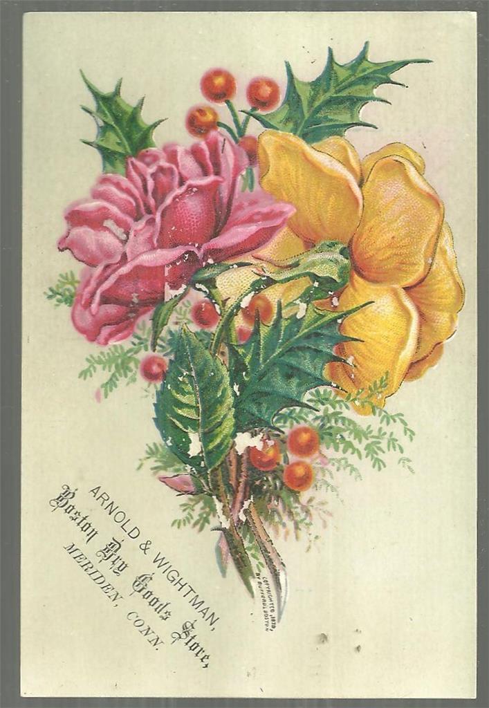 Advertisement - Victorian Trade Card for Arnold and Wrightman, Boston Dry Goods Store, Meriden, Connecticut