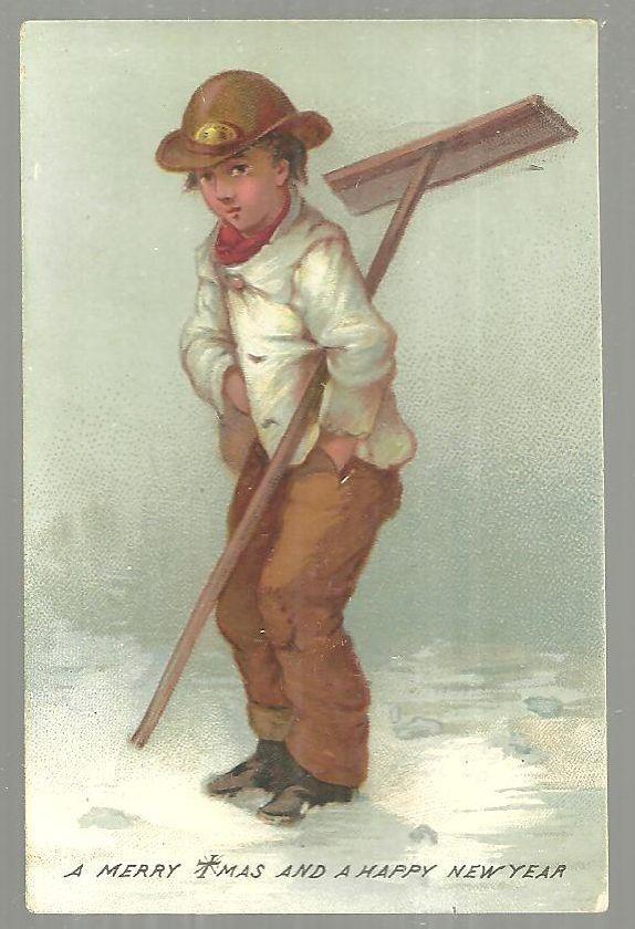 Christmas - Victorian Merry Christmas and a Happy New Year Card with Boy and Snow Shovel