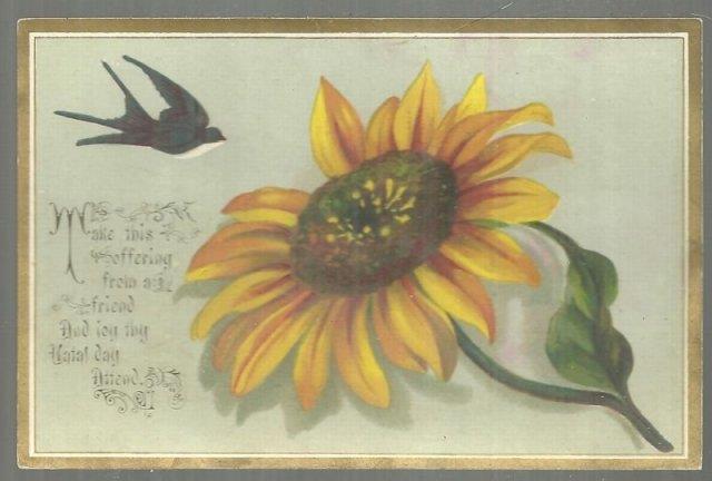 Image for VICTORIAN BIRTHDAY CARD OFFERING FROM A FRIEND WITH BIRD AND LARGE FLOWER