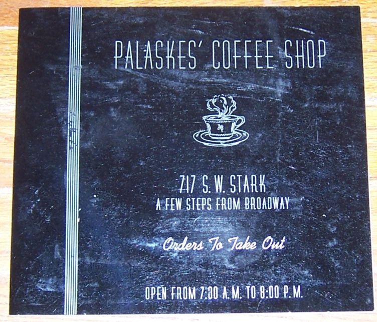 Menu - Vintage Menu for Palaskes' Coffee Shop, Portland, Oregon