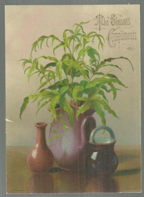 Christmas - Victorian Christmas Card, Season's Compliments with Vases