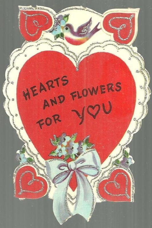 Valentine - Vintage Valentine with Birds and Hearts Trimmed in Silver