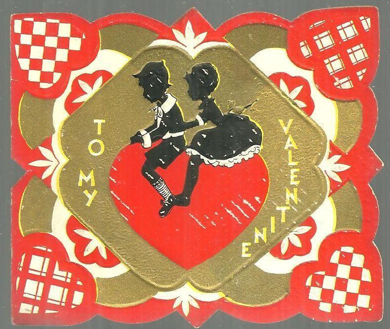 Valentine - Vintage Valentine Card with Boy and Girl Silhouette