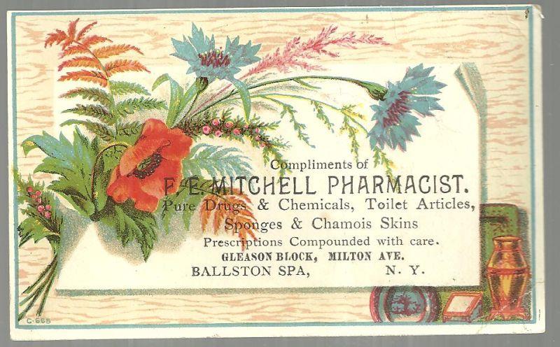 Advertisement - Victorian Trade Card for F.E. Mitchell Pharmacist, Ballston Spa, New York