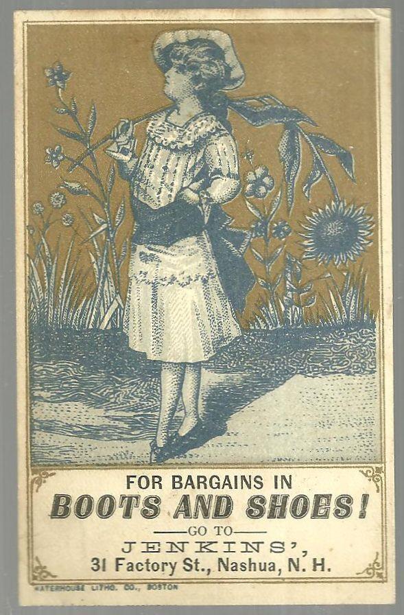 Advertisement - Victorian Trade Card for Jenkins' Boots and Shoes with Lovely Lady