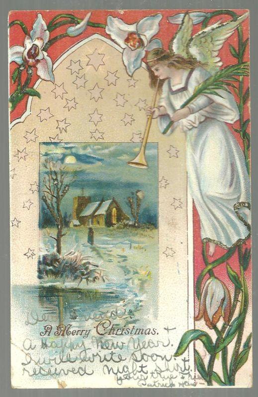 Postcard - Merry Christmas Postcard with Angel and Silver Glitter