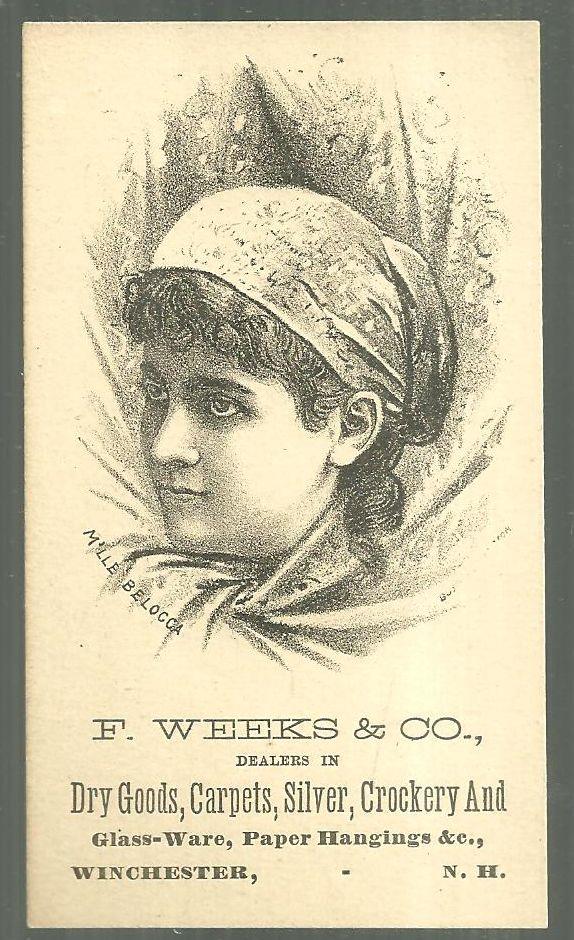 Advertisement - Victorian Trade Card for F. Weeks Dry Goods with M'lle Belocca